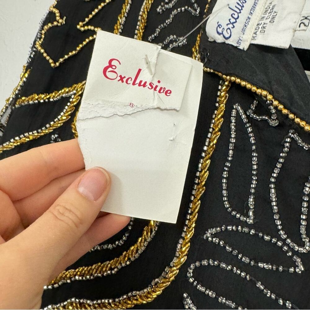 Vintage Black Silk Fully Beaded Formal Blouse Womens 2X Gold & Silver Glam - Picture 7 of 12